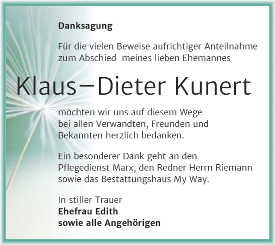 Traueranzeige von Klaus-Dieter Kunert von Trauerkombi Merseburg