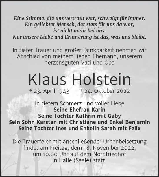 Traueranzeige von Klaus Holstein von Mitteldeutsche Zeitung Halle/Saalkreis
