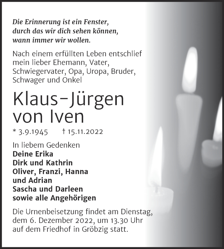  Traueranzeige für Klaus-Jürgen von Iven vom 19.11.2022 aus Trauerkombi Köthen