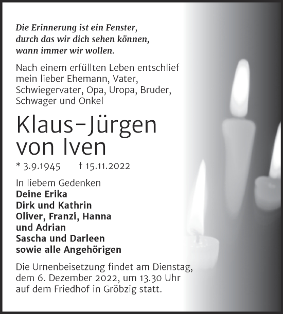 Traueranzeige von Klaus-Jürgen von Iven von Trauerkombi Köthen