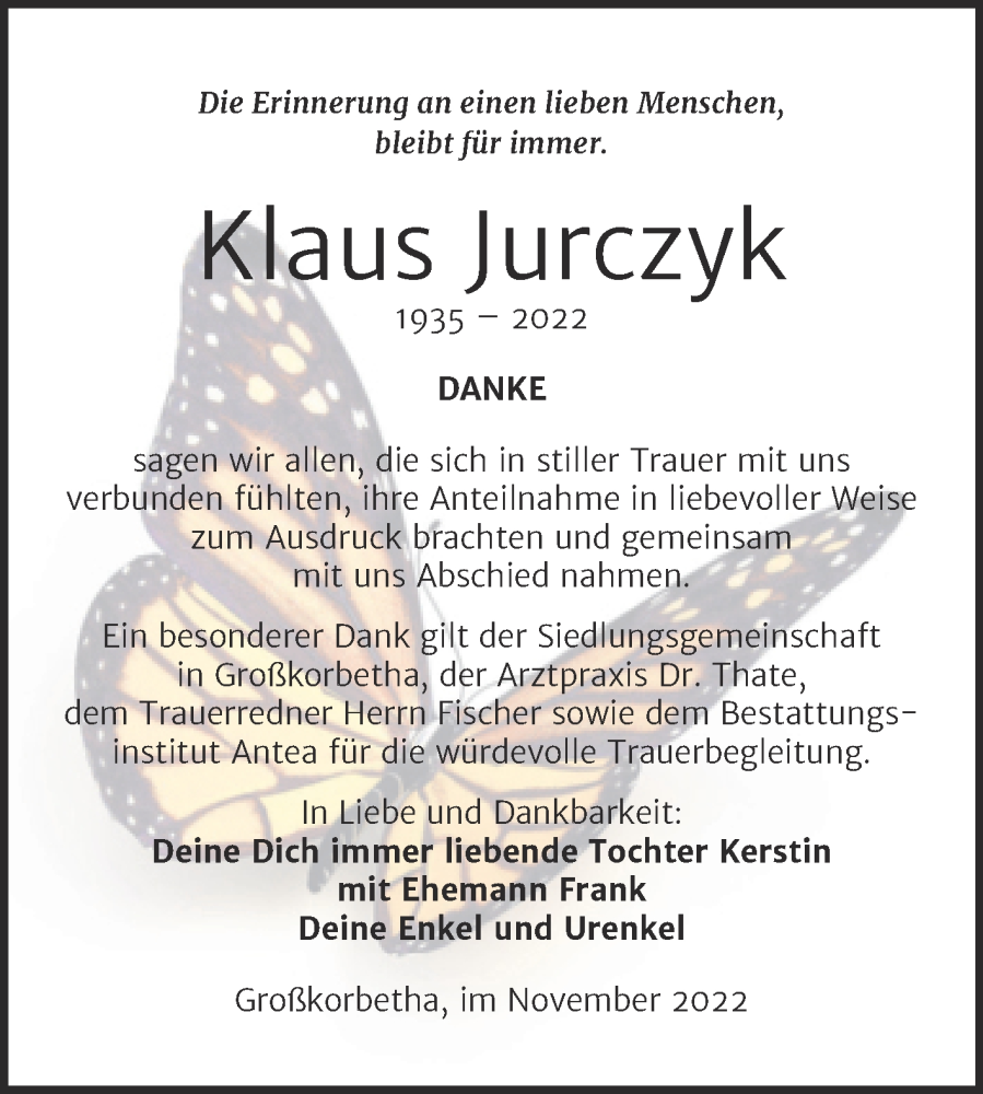  Traueranzeige für Klaus Jurczyk vom 30.11.2022 aus Trauerkombi Weißenfels