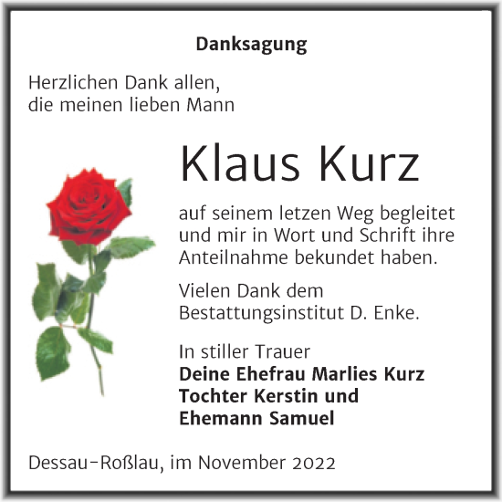Traueranzeige von Klaus Kurz von Super Sonntag Dessau-Roßlau