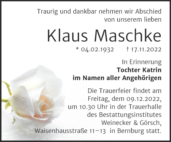 Traueranzeige von Klaus Maschke von Trauerkombi Bernburg