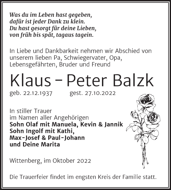 Traueranzeige von Klaus-Peter  Balzk von Trauerkombi Wittenberg