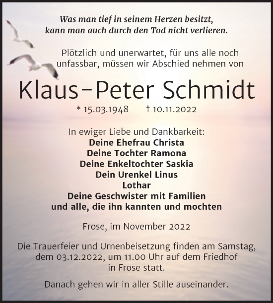 Traueranzeige von Klaus-Peter Schmidt von Trauerkombi Aschersleben