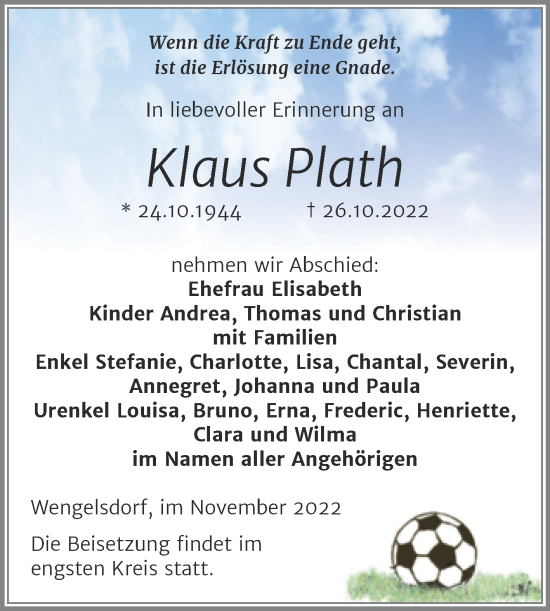 Traueranzeige von Klaus Plath von Trauerkombi Weißenfels