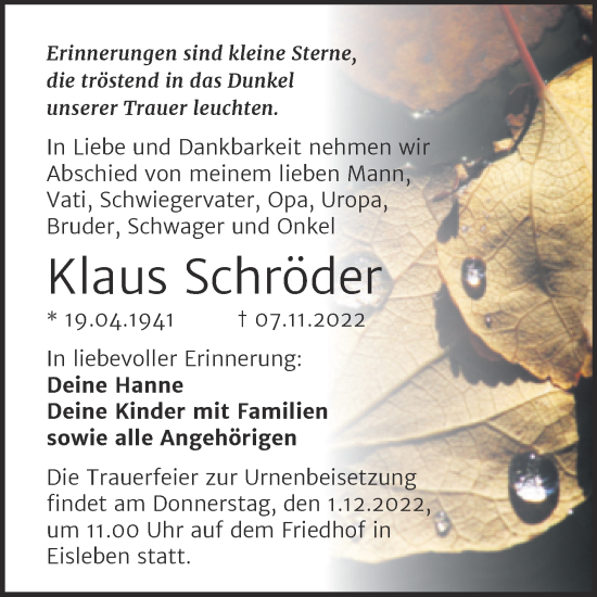 Traueranzeige von Klaus Schröder von Trauerkombi Mansfelder Land
