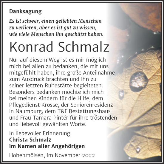 Traueranzeige von Konrad Schmalz von Trauerkombi Weißenfels