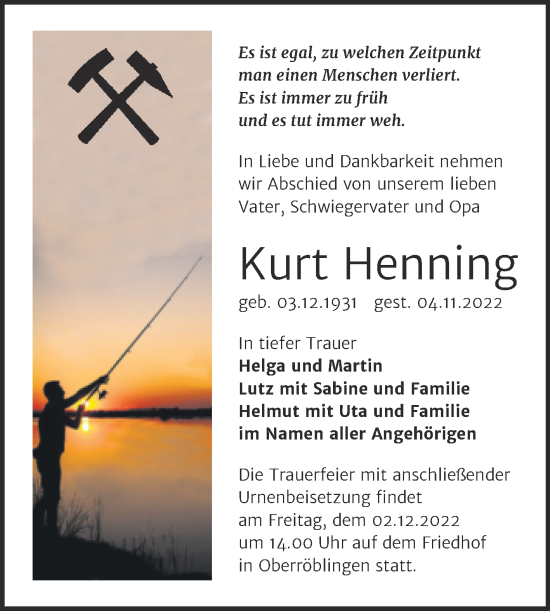 Traueranzeige von Kurt Henning von Trauerkombi Sangerhausen