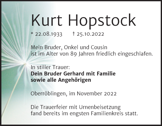 Traueranzeige von Kurt Hopstock von Trauerkombi Sangerhausen