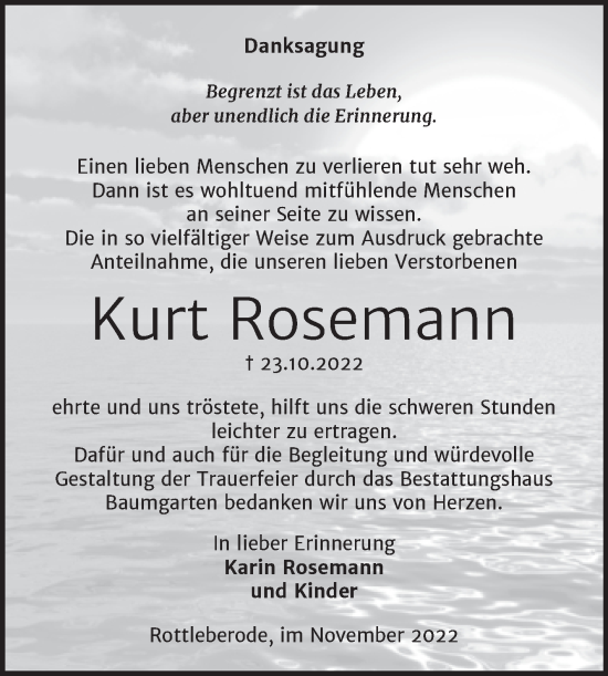 Traueranzeige von Kurt Rosemann von Trauerkombi Sangerhausen