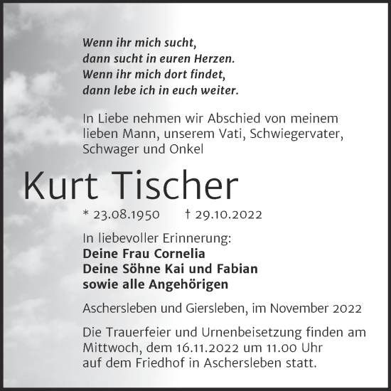 Traueranzeige von Kurt Tischer von Trauerkombi Aschersleben