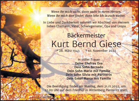 Traueranzeige von Kurt Bernd Giese von Trauerkombi Wittenberg