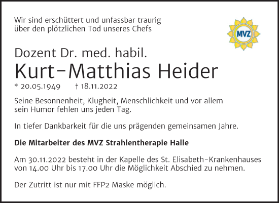 Traueranzeige von Kurt Matthias Heider von Mitteldeutsche Zeitung Halle/Saalkreis