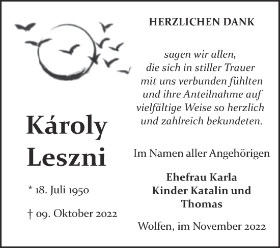 Traueranzeige von Károly Leszni von Trauerkombi Bitterfeld