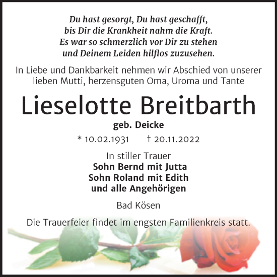Traueranzeige von Lieselotte Breitbarth von Wochenspiegel Naumburg/Nebra