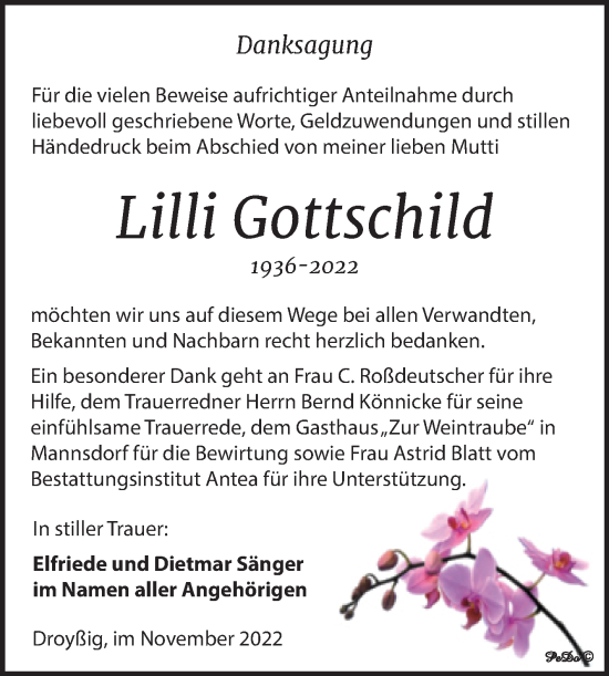 Traueranzeige von Lilli Gottschild von Trauerkombi Zeitz