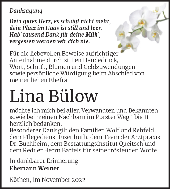 Traueranzeige von Lina Bülow von Trauerkombi Köthen