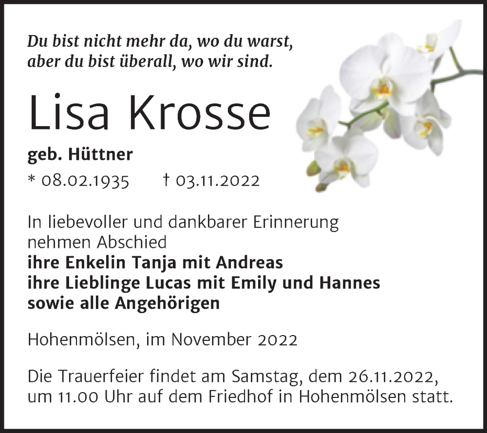  Traueranzeige für Lisa Krosse vom 16.11.2022 aus Trauerkombi Weißenfels