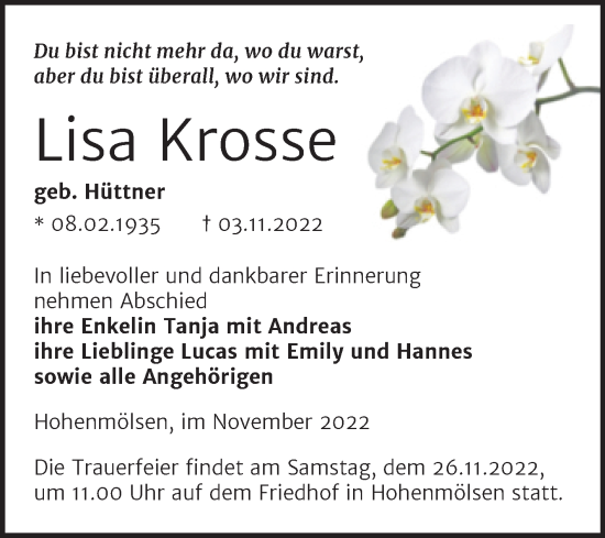 Traueranzeige von Lisa Krosse von Trauerkombi Weißenfels