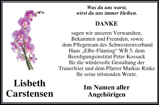 Traueranzeige von Lisbeth Carstensen von Trauerkombi Dessau
