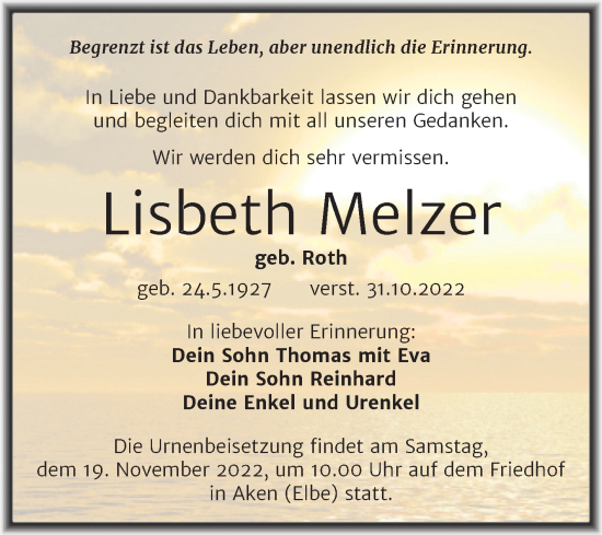 Traueranzeige von Lisbeth Melzer von Trauerkombi Köthen