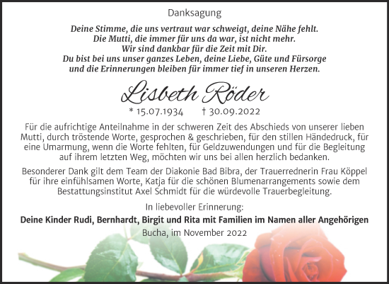 Traueranzeige von Lisbeth Röder von Wochenspiegel Naumburg/Nebra