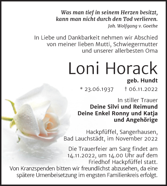 Traueranzeige von Loni Horack von Trauerkombi Sangerhausen