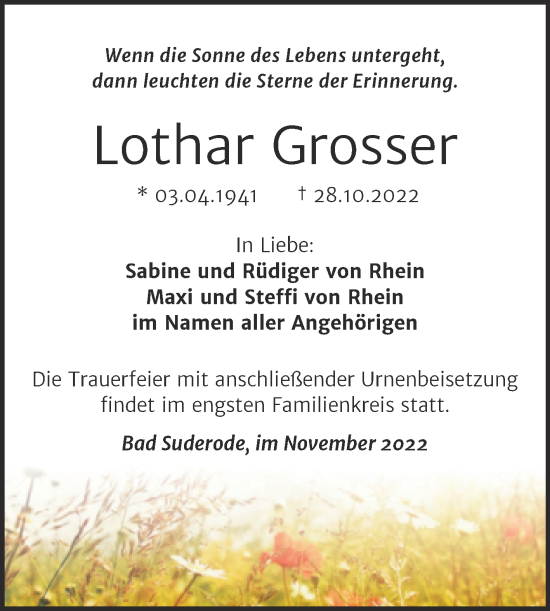 Traueranzeige von Lothar Grosser von Trauerkombi Quedlinburg