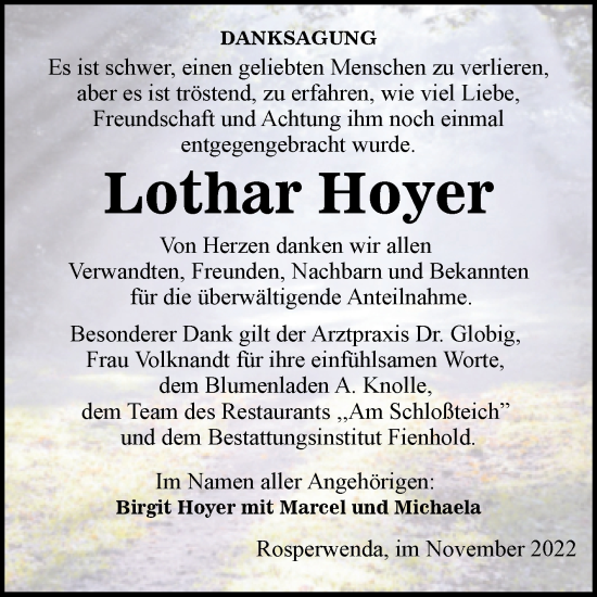 Traueranzeige von Lothar Hoyer von Trauerkombi Sangerhausen