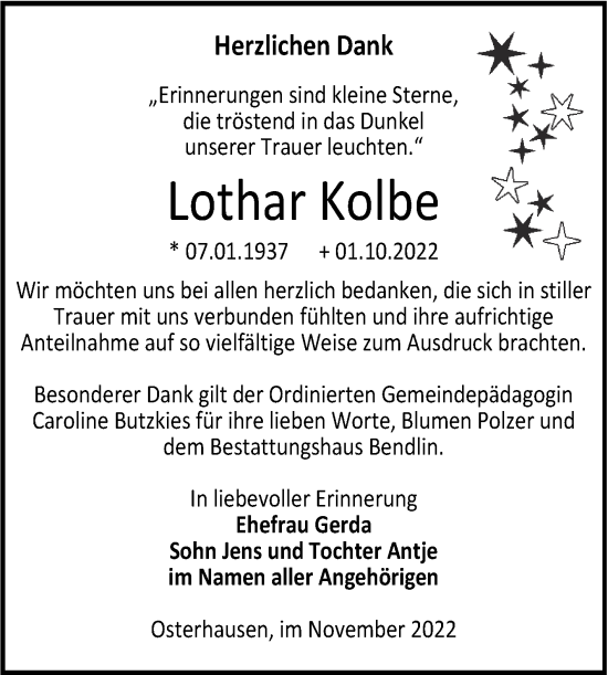 Traueranzeige von Lothar Kolbe von Trauerkombi Mansfelder Land
