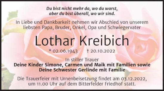 Traueranzeige von Lothar Kreibich von Trauerkombi Bitterfeld