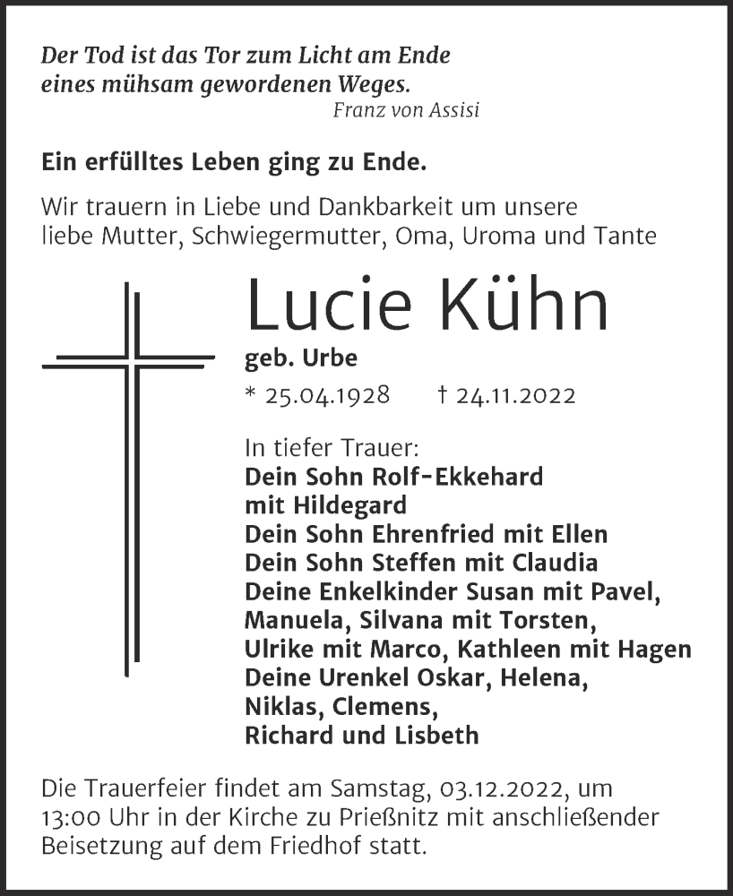  Traueranzeige für Lucie Kühn vom 29.11.2022 aus Naumburger Tageblatt