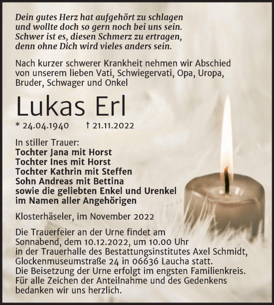 Traueranzeige von Lukas Erl von Wochenspiegel Naumburg/Nebra