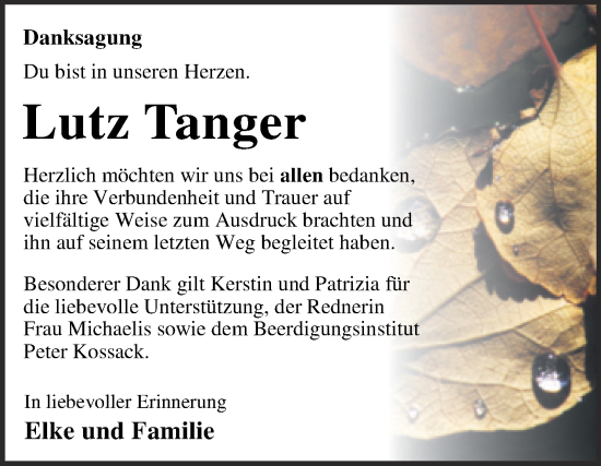Traueranzeige von Lutz Tanger von Trauerkombi Dessau