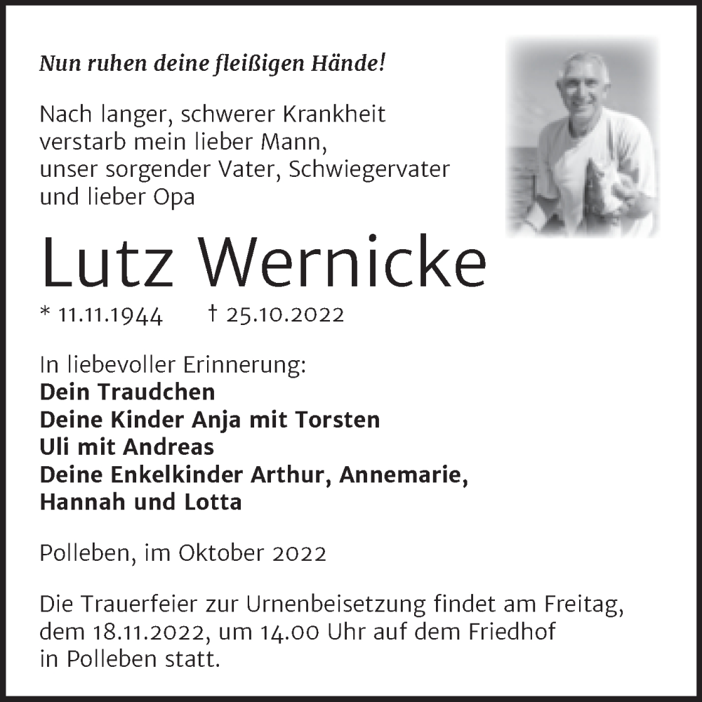  Traueranzeige für Lutz Wernicke vom 05.11.2022 aus Trauerkombi Mansfelder Land