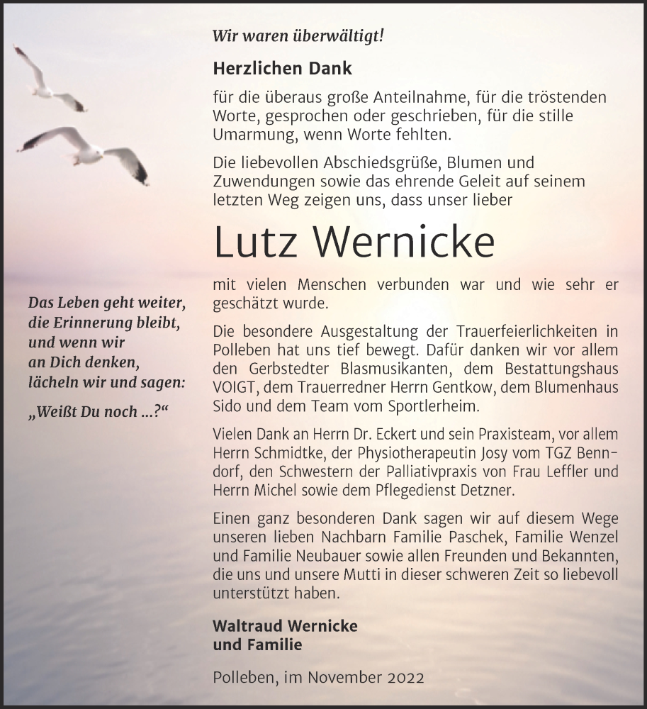  Traueranzeige für Lutz Wernicke vom 26.11.2022 aus Trauerkombi Mansfelder Land