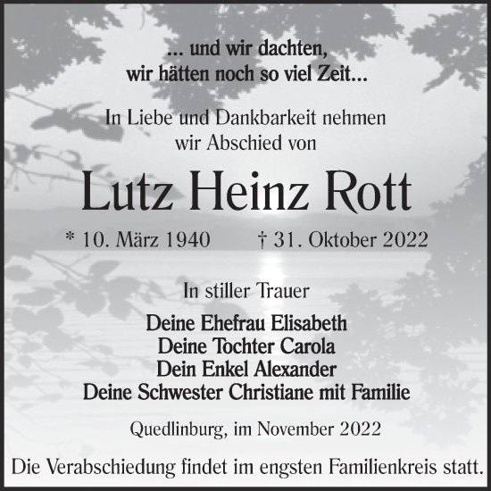 Traueranzeige von Lutz Heinz Rott von Trauerkombi Quedlinburg