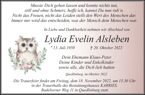 Traueranzeige von Lydia Evelin Alsleben von Trauerkombi Quedlinburg