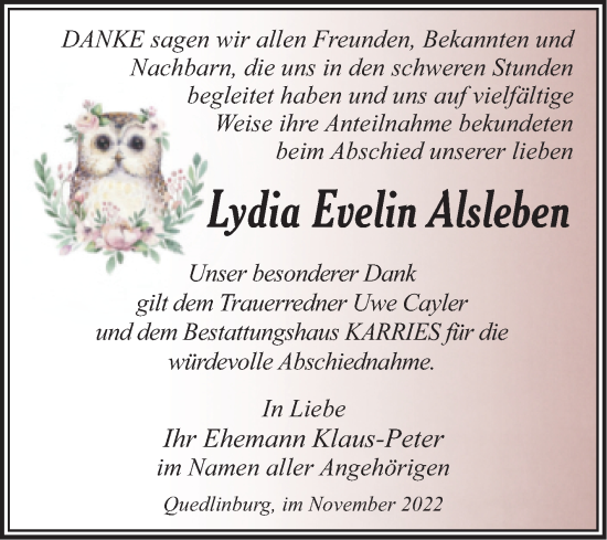 Traueranzeige von Lydia Evelin Alsleben von Trauerkombi Quedlinburg