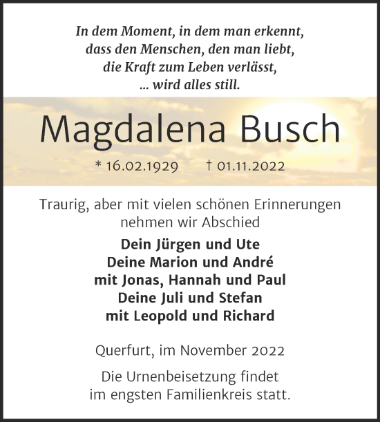 Traueranzeige von Magdalena Busch von Trauerkombi Merseburg