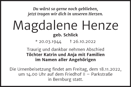 Traueranzeige von Magdalene Henze von Trauerkombi Bernburg