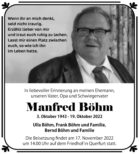 Traueranzeige von Manfred Böhm von Trauerkombi Merseburg