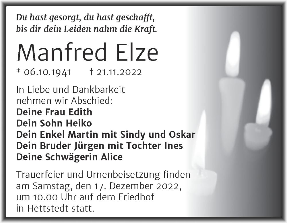  Traueranzeige für Manfred Elze vom 30.11.2022 aus Trauerkombi Mansfelder Land