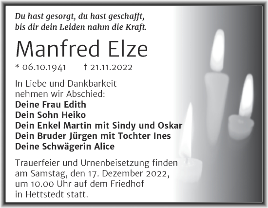 Traueranzeige von Manfred Elze von Trauerkombi Mansfelder Land