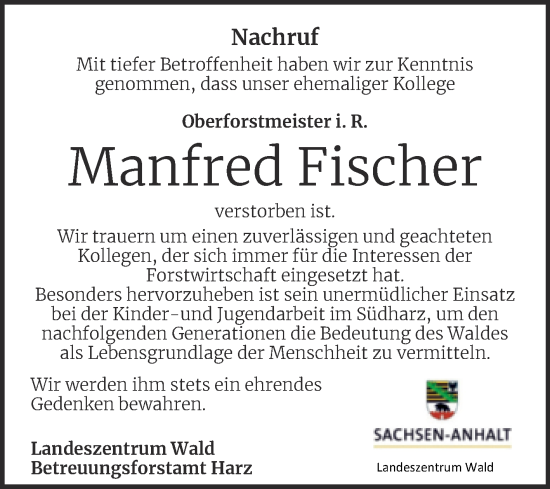 Traueranzeige von Manfred Fischer von Mitteldeutsche Zeitung Mansfelder Land