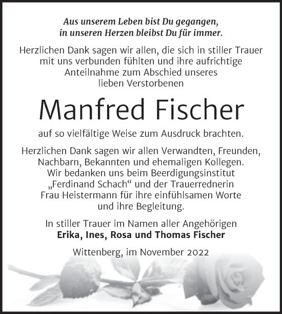 Traueranzeige von Manfred Fischer von Trauerkombi Wittenberg