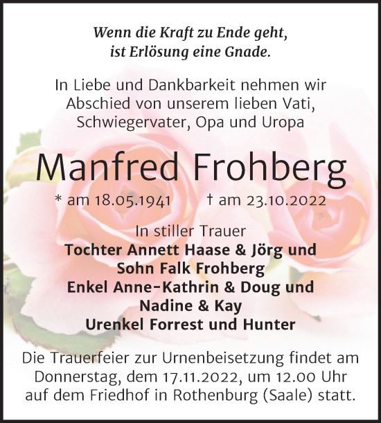 Traueranzeige von Manfred Frohberg von Mitteldeutsche Zeitung Halle/Saalkreis