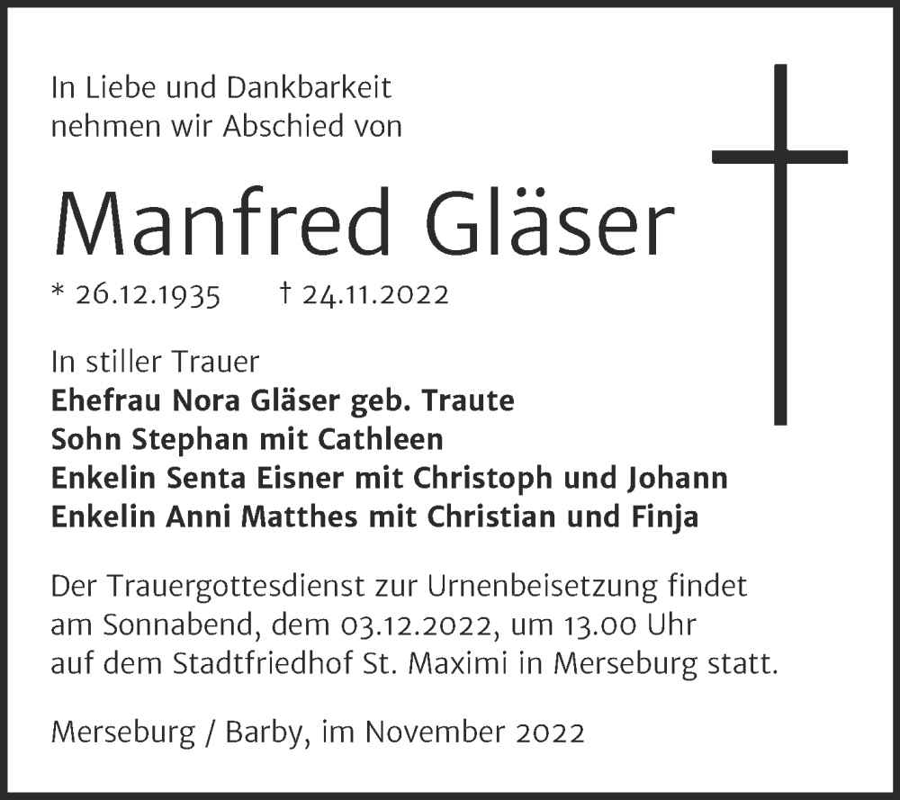  Traueranzeige für Manfred Gläser vom 26.11.2022 aus Trauerkombi Merseburg