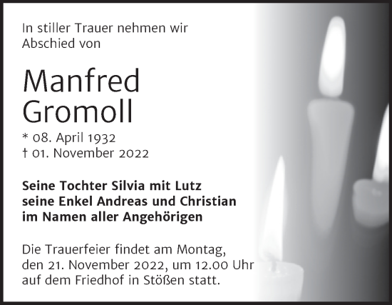 Traueranzeige von Manfred Gromoll von Wochenspiegel Naumburg/Nebra